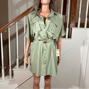 NWT Moon Orchid sage green button front belted dress